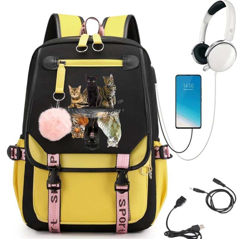 Desenhos animados gato tigre anime mochila para mulheres, grande capacidade mochila, bolsa de viagem, bolsa de escola, estudante, computador, fêmea, moda