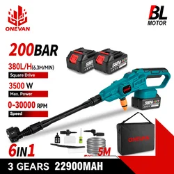 Onevan 200bar 3500w pistola de lavagem de carro de alta pressão sem escova 6-em 1 pistola de lavagem de carro recarregável sem fio para makita 18v bateria