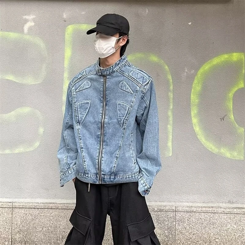 

Мужская дизайнерская джинсовая куртка с воротником-стойкой, осенняя новинка 2026 года, винтажная, с эффектом потертости, свободного кроя, универсальная, с длинным рукавом, для повседневной носки