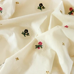 Beige European Flower Gold Silk Embroidery Floral Cotton Fabric for Dress Skirt Shirt By the meter