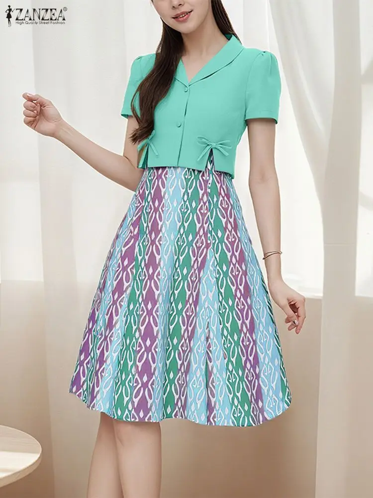 ZANZEA-vestido Vintage de verano para mujer, vestido elegante de oficina para mujer, vestido veraniego de moda 2025, Vestidos de vacaciones con estampado de lazo de manga corta