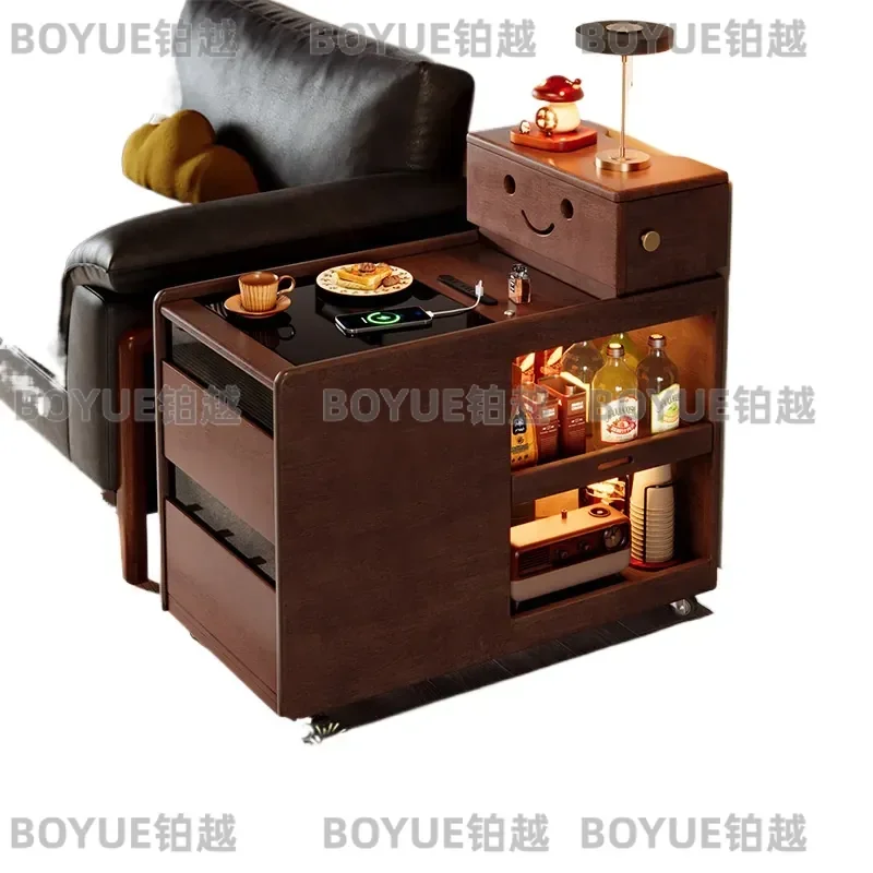 Vintage Mobile Coffee Table with Wheels Rechargeable Storage Cabinet for Living Room Sofa Side Small Apartment Home Organizer