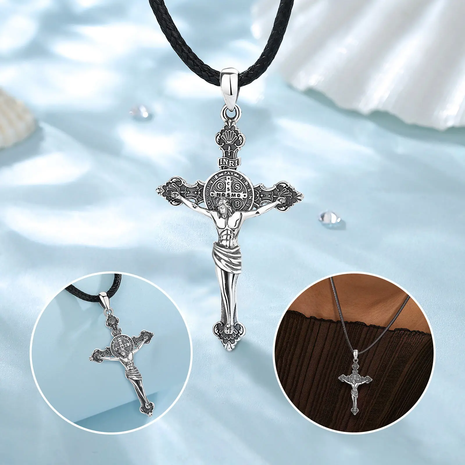 Eudora-Collier de Jésus en argent regardé 925, croix de Saint Benoît, pendentif amulette vintage, cadeau de bijoux religieux pour hommes et femmes