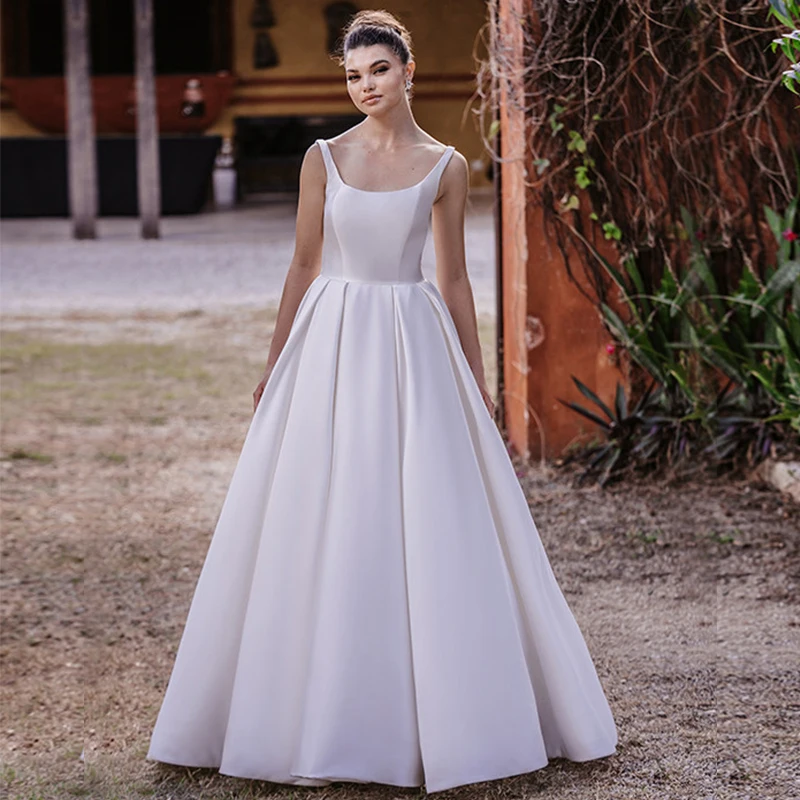 Abito da sposa semplice con spalline sottili abito da sposa minimalista modesto con scollo a barchetta bottone drappeggiato con abito lungo da treno de Mariee