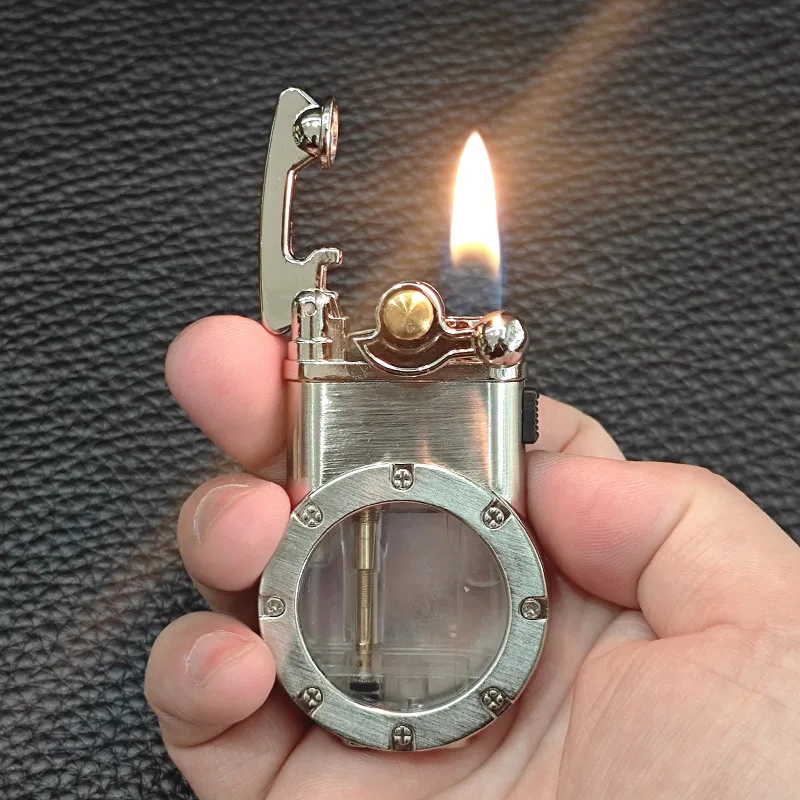 Metal Dual Fire Arm Lighter Outdoor Windproof Transparent Window Inflatable Dual Fire Conversion Portable Lighter Men's Gift