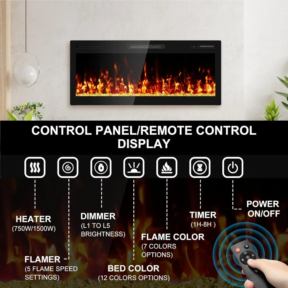 Narrow Bezel Linear Electric Fireplace - ETL Certified, Wall-Mounted, High Definition Flame, Crystals, Remote and Touch Controls