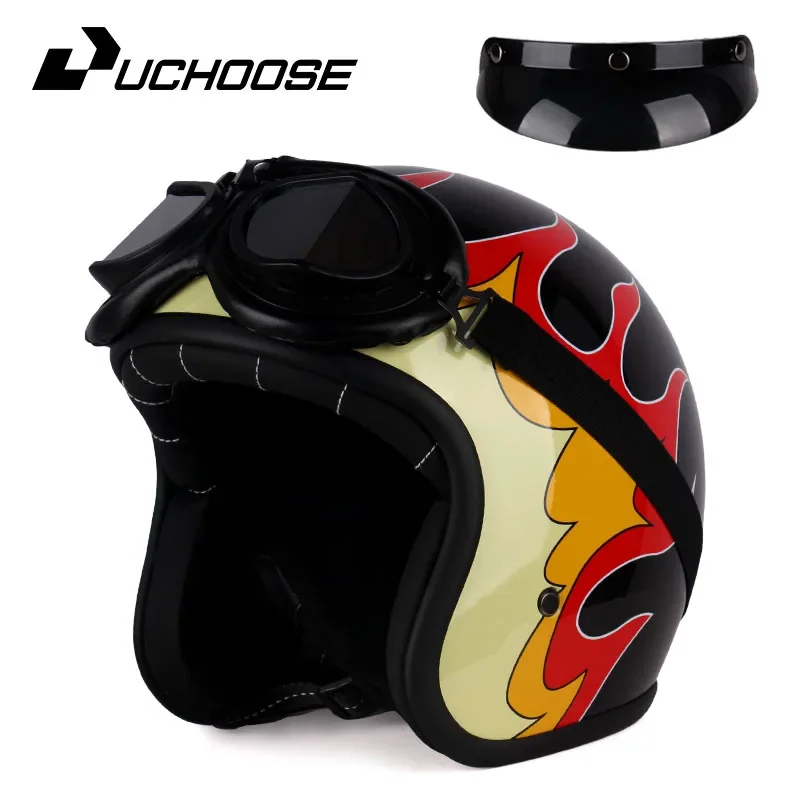 Uchose Retro Motorhelm Pu Lederen Open Gezicht 3/4 Chopper Fietshelmen Classic Casco Moto Vintage