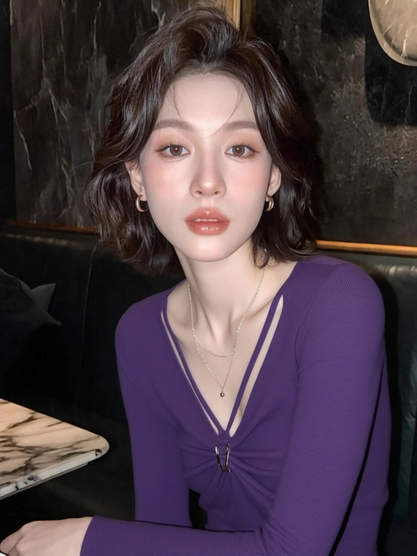 

Unique Chic Purple Top for Women Korean Sle V-Ne Long Sve Regular Fit Faionable Ele Korean Faion Autumn Wear