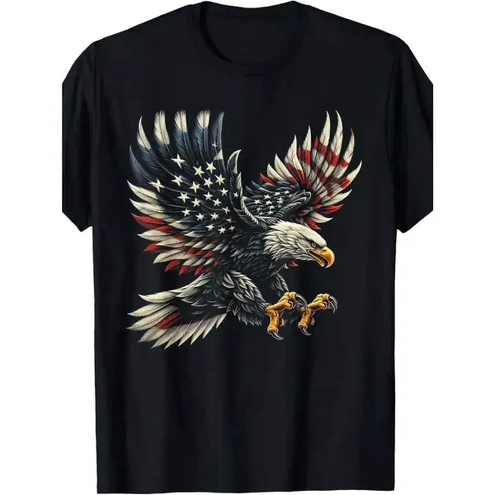 Cotton Short Sleeve T-Shirt Men's Patriotic Eagle & USA Flag Graphic T-Shirt - 100% Cotton, 180g, Crew Neck, Short Sleeve, Made in USA, Ideal for Casual Wear
