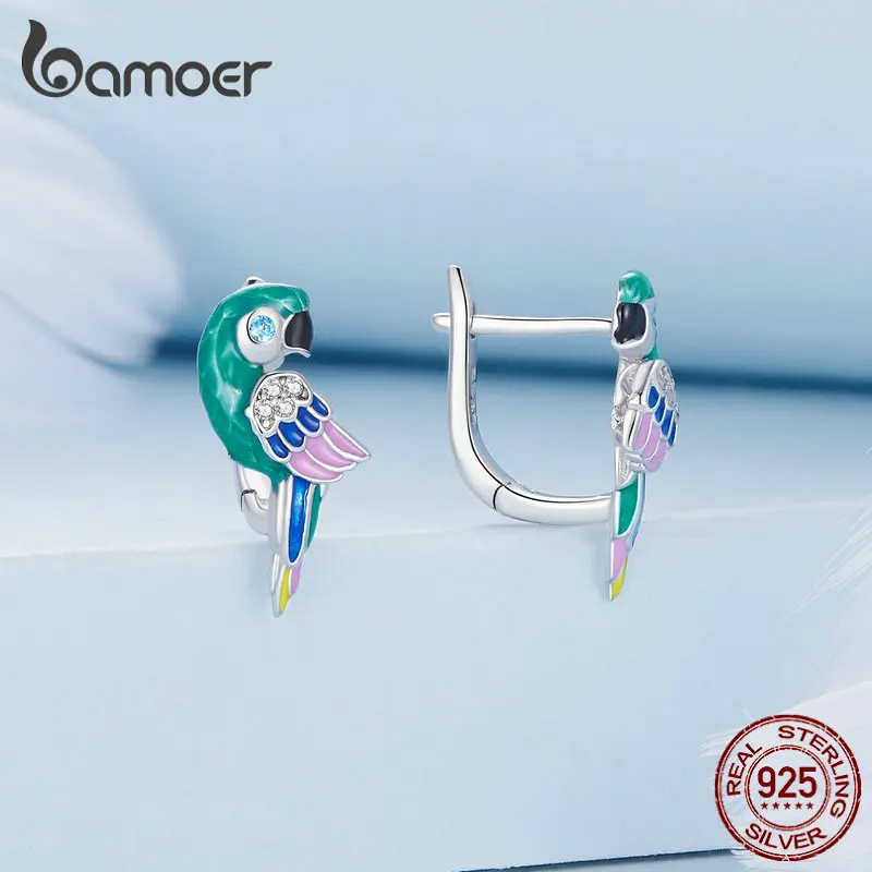 Bamoer 925 Sterling Silver Clolorful Parrot Ear Buckles Bird Hoop Earrings for Women Platinum Plated Enamel process Fine Jewelry