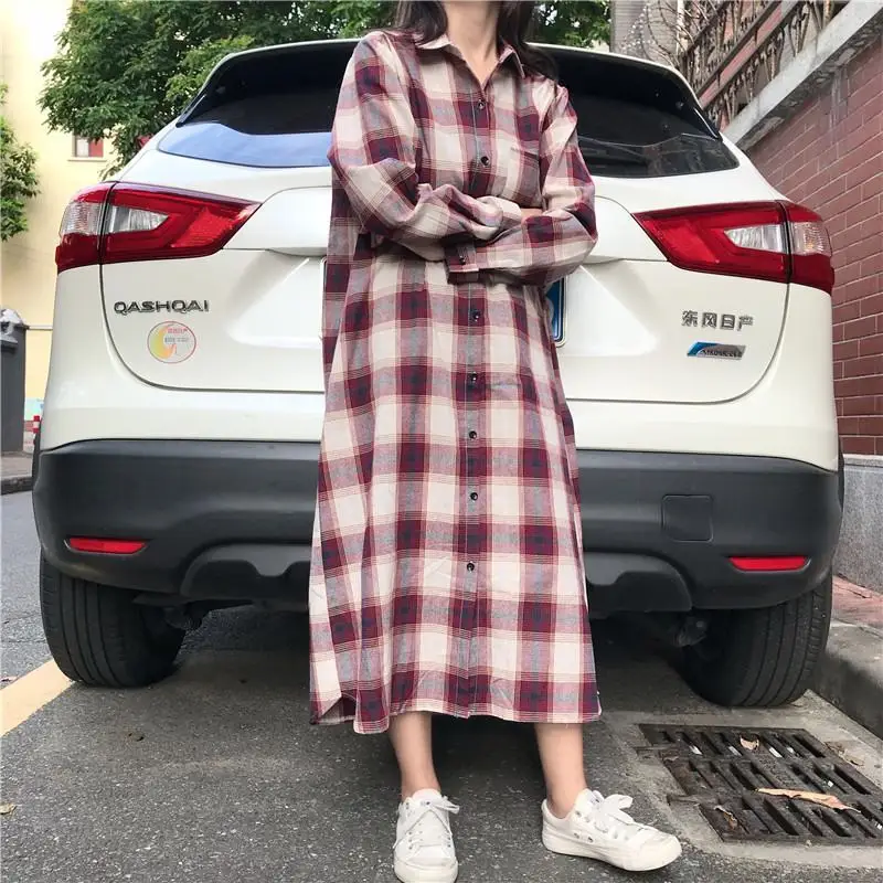 Stylish Streetwear Plaid Long Shirt Female Clothing Loose Straight Spring Autumn Turn-down Collar Casual Single-breasted Blouse