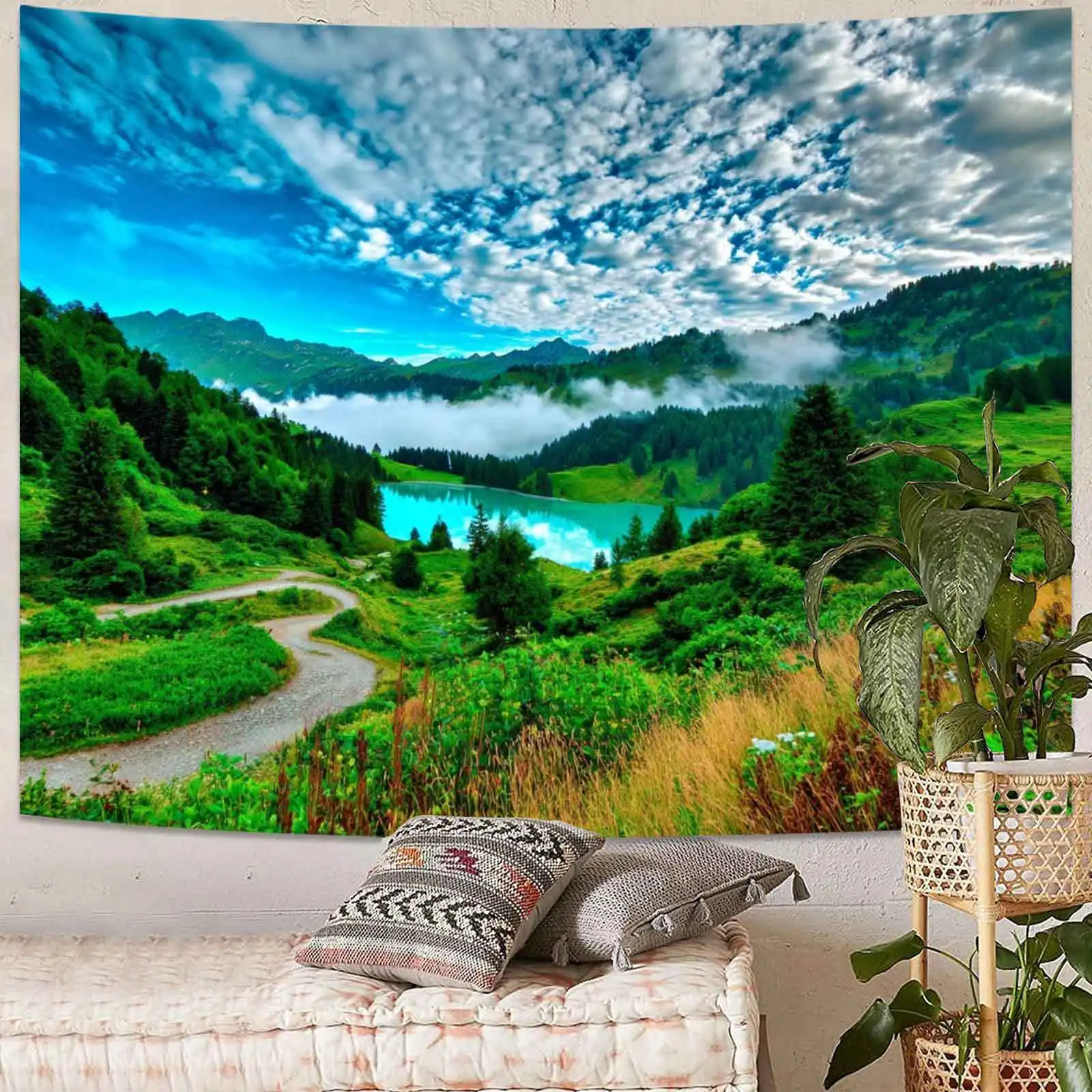 Alpine Lake Landscape Tapestry 2D Digital Print Polyester Wall Hanging Living Room Bedroom Office Decor with Hooks