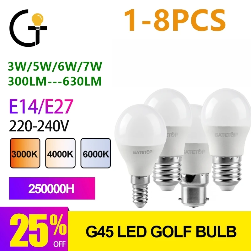 Bombilla LED de Golf para decoración del hogar, lámpara de 1-8 piezas de bajo consumo, G45, E14, E27, 3W, 5W, 6W, 7W, 3000K, 4000K, 6000K, AC230V