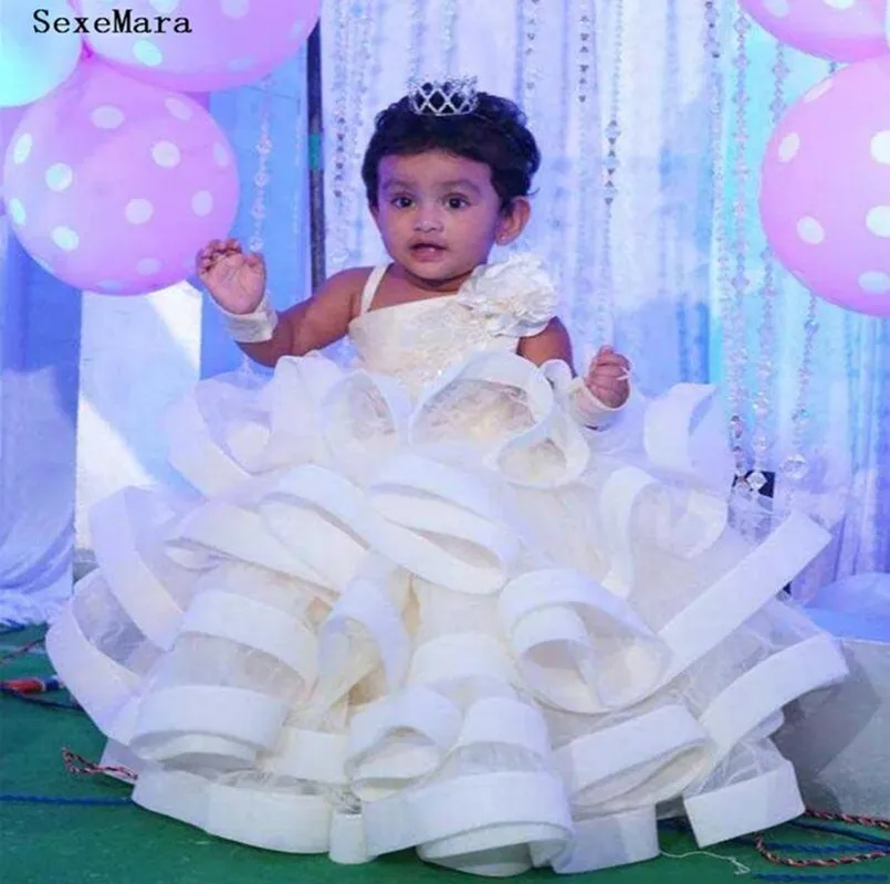 

Cute Ball Gown Baby Girls Clothes With Organza Ruffle One Shoulder Beaded Girls Pageant Birthday Dresses For toddler