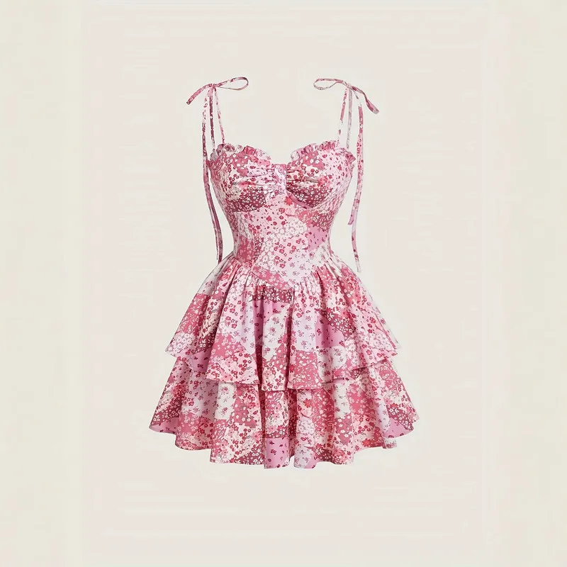 

European American New Floral Spaghetti Strap Tiered Dress Vintage Pink Double Layer Hem Summer Women Dress