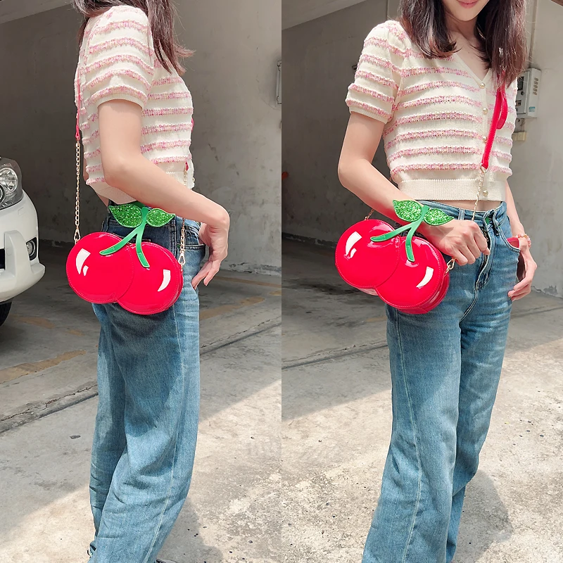 Cute Cherry Shape Chain Shoulder Bag for Women Novelty Purses and Handbags Girls Red Clutch Fun Shape Designer Bag Cross Body