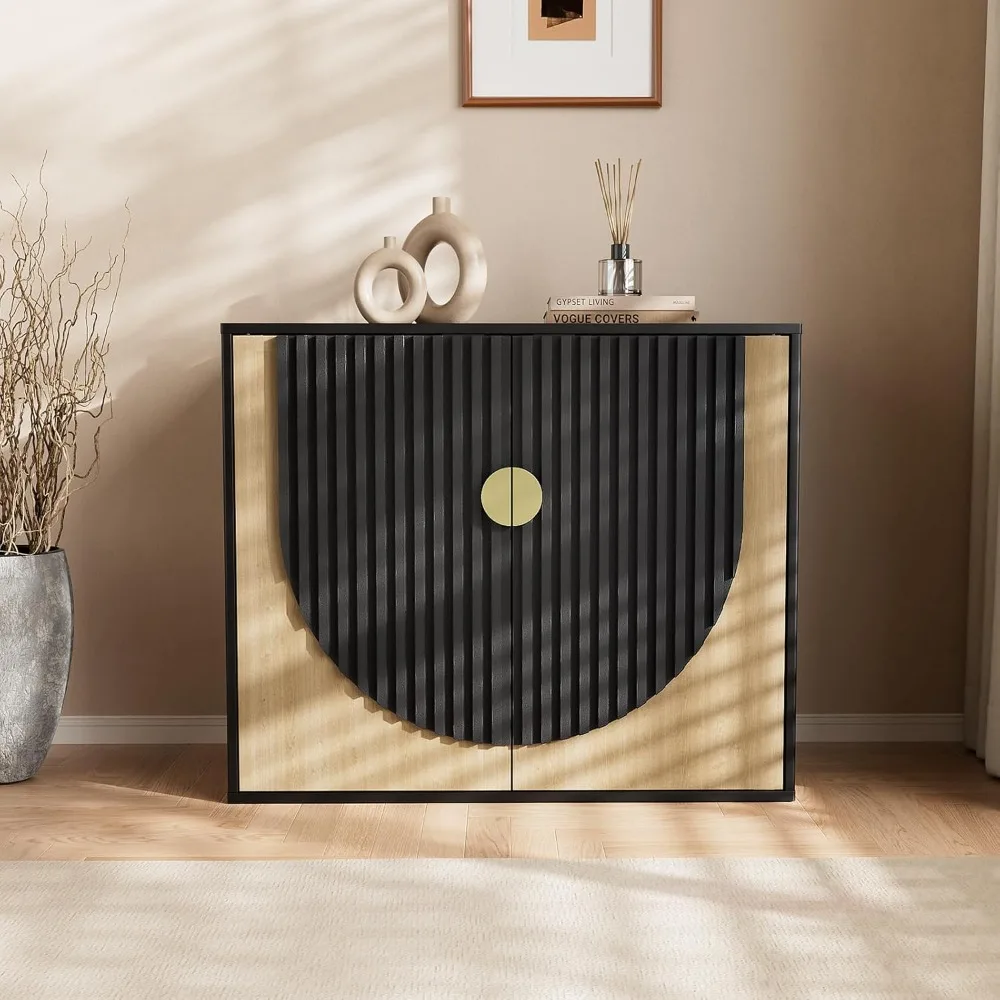 خزانة بوفيه جانبية مخددة مع مساحة تخزين، وطاولة وحدة تحكم حديثة مع أبواب مقوسة متناظرة، وطاقة كريدينزا أنيقة #1