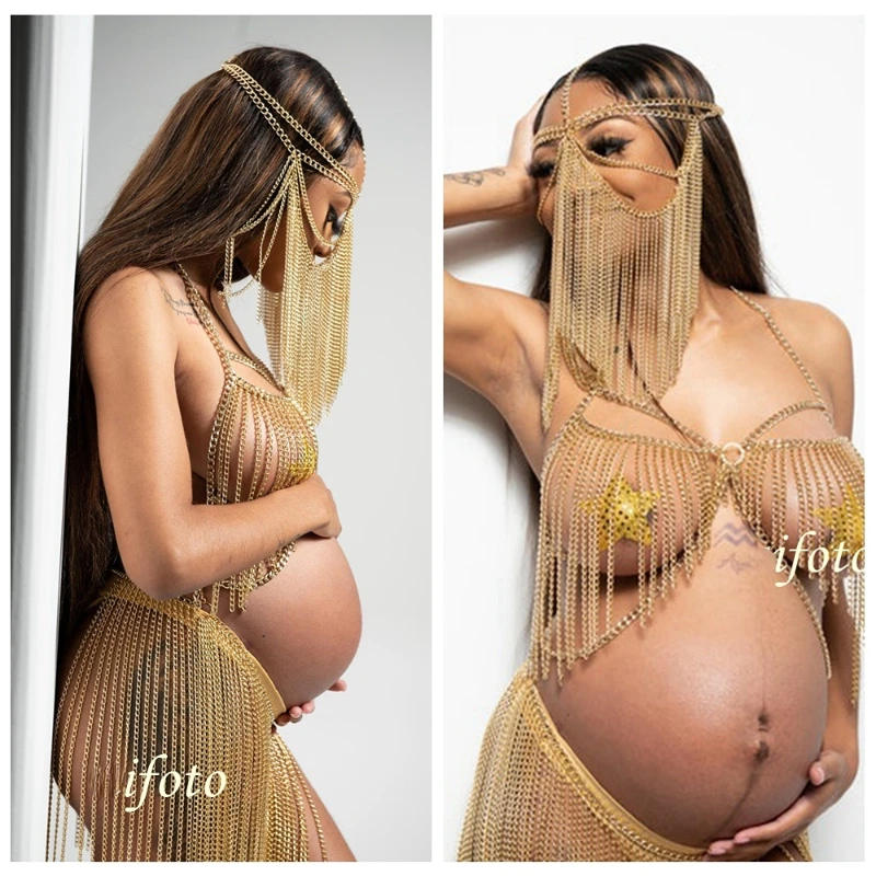 Accesorios de fotografía de maternidad, vestido creativo con borla, máscara de cadena corporal, sujetador Sexy, falda, accesorios para sesión de fotos