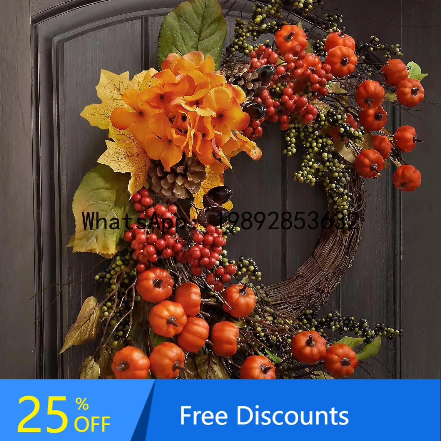 ZK Autumn Wreath Thanksgiving Door Hanging Harvest Festival Wreath Halloween Pumpkin Maple Leaf Decoration