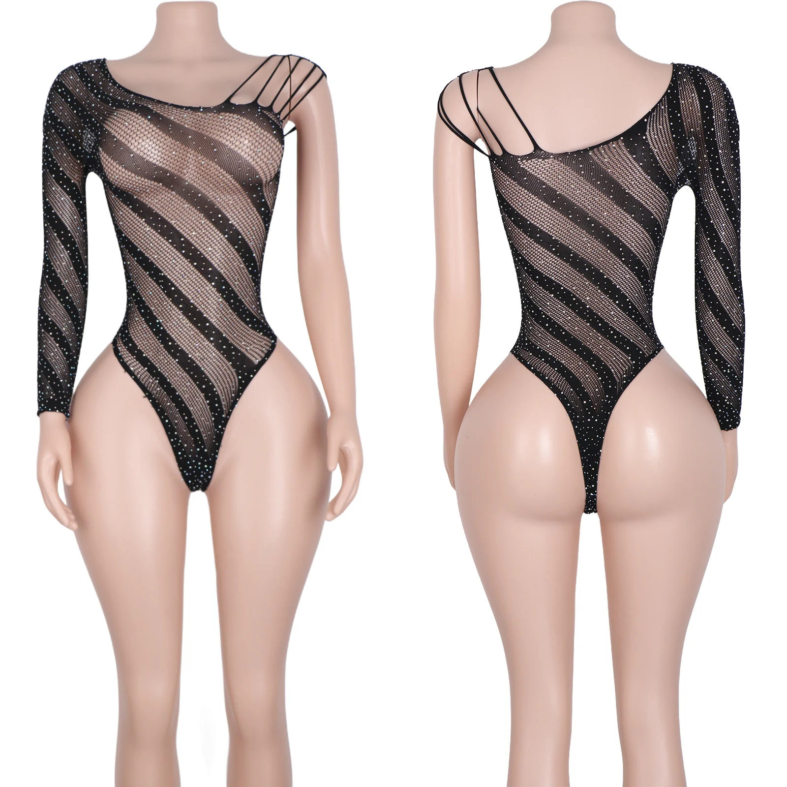 Women's Fishnet Thong with Attached Mesh Sleeves Exotic Dancewear Lingerie for Nightclub Events Comfortable Training Clothing