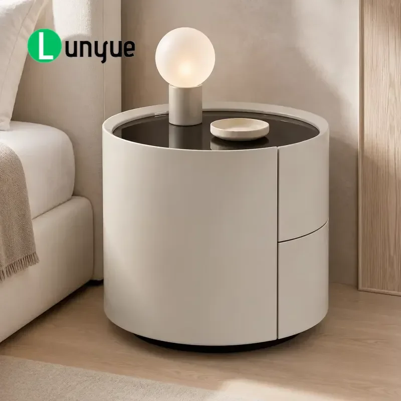 Modern Wooden Bedside Table with Tempered Glass Top and 2 Drawers Simple Nightstand for Bedroom Hotel Apartment Storage