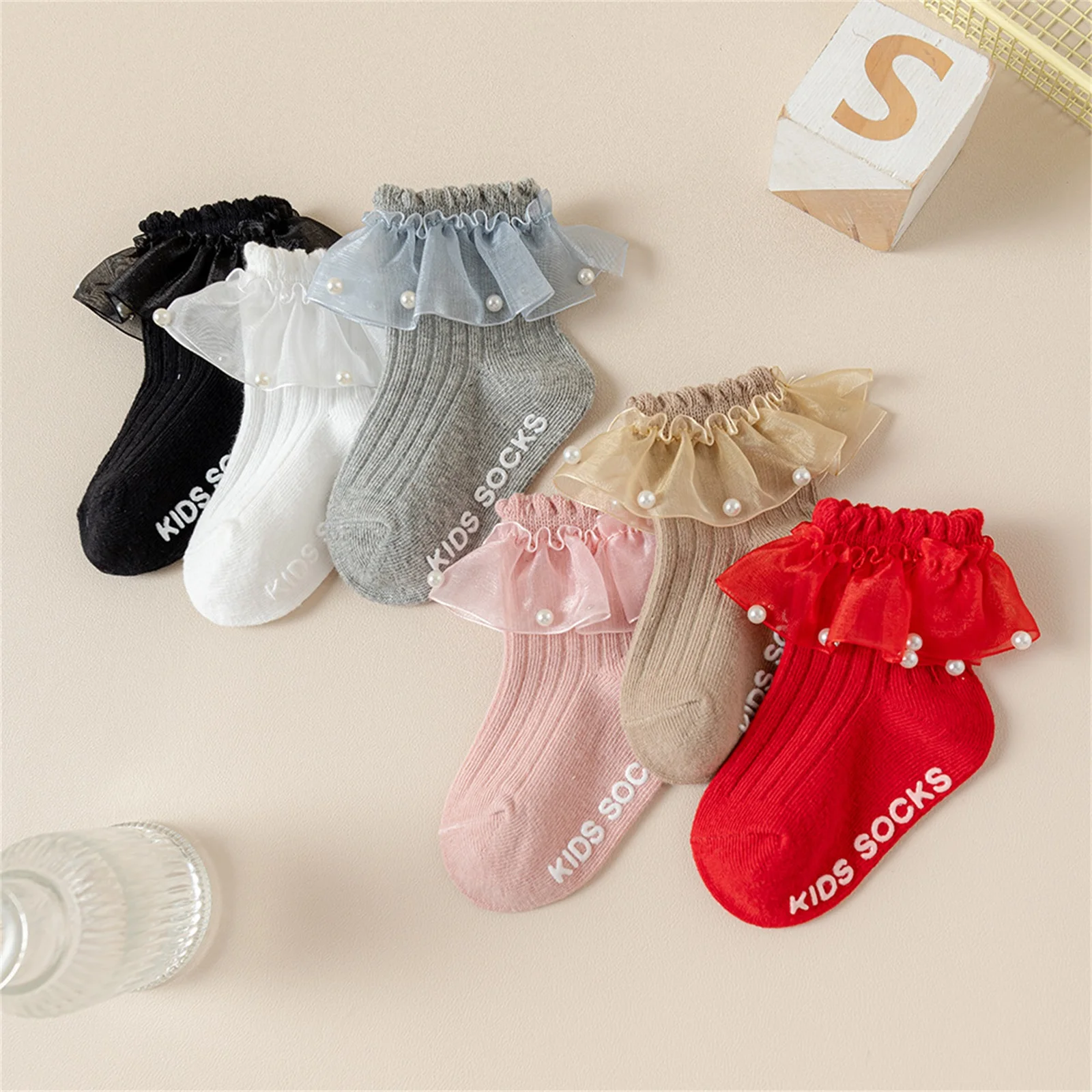 Infant Baby Girl Ankle Socks Soft Breathable Tulle Lace Ruffle Pearl Decorated Socks Toddler Princess Socks