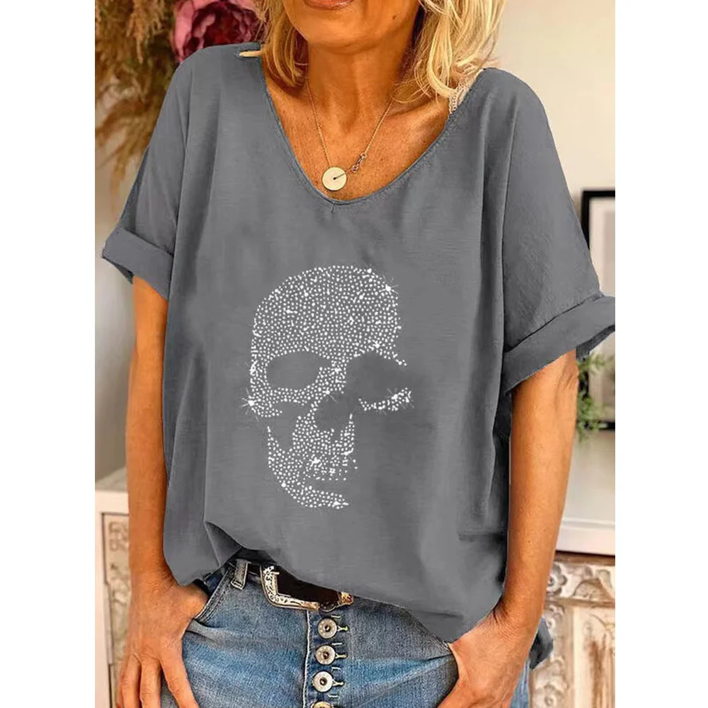 Skull Women\'s T-Shirt 3d Print Fashion Characters Top Tee T-Shirt Harajuku Casual Short Sleeve V-Neck Oversized Female Clothing