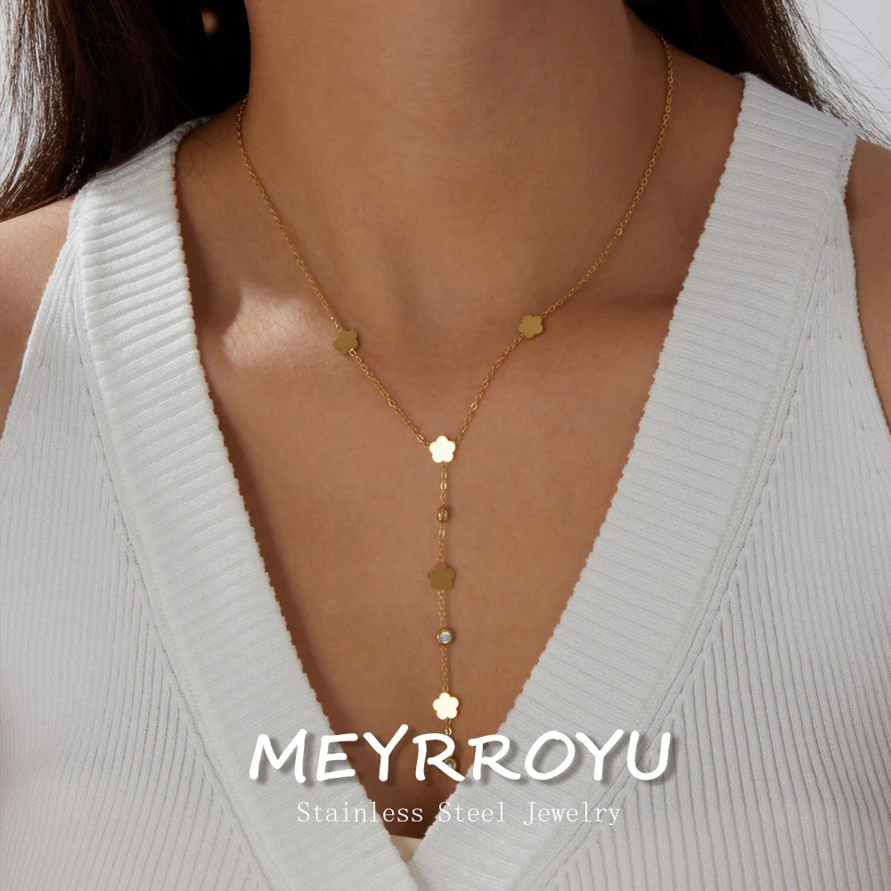 MEYRROYU 316L Stainless Steel Zircon Inlay Beads Smooth Flower Long Pendant Necklace Lady Fashion Non-Fading Party Jewelry