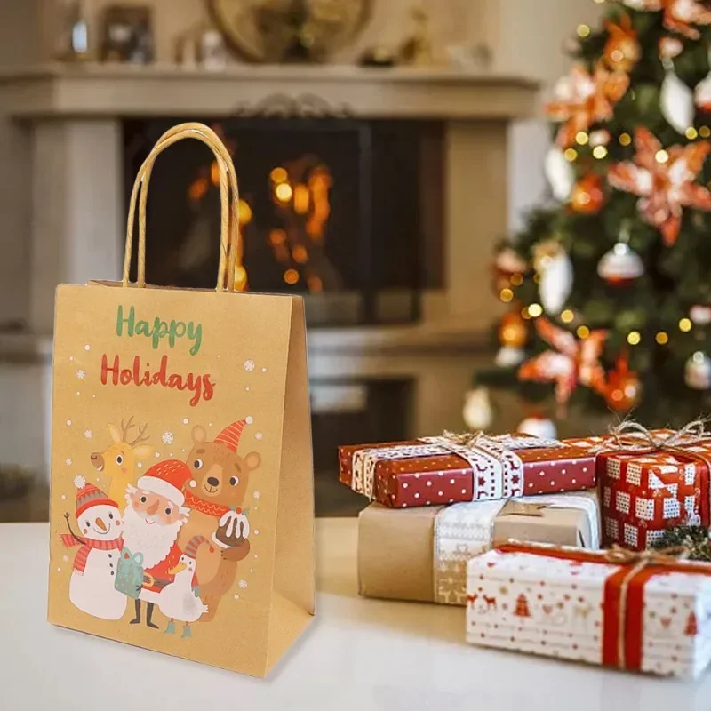 20/5PCS Christmas Kraft Paper Bag Gift Candy Hand-held Shopping Bags Merry Christmas Snack Present Packaging Tote Bag Home Decor