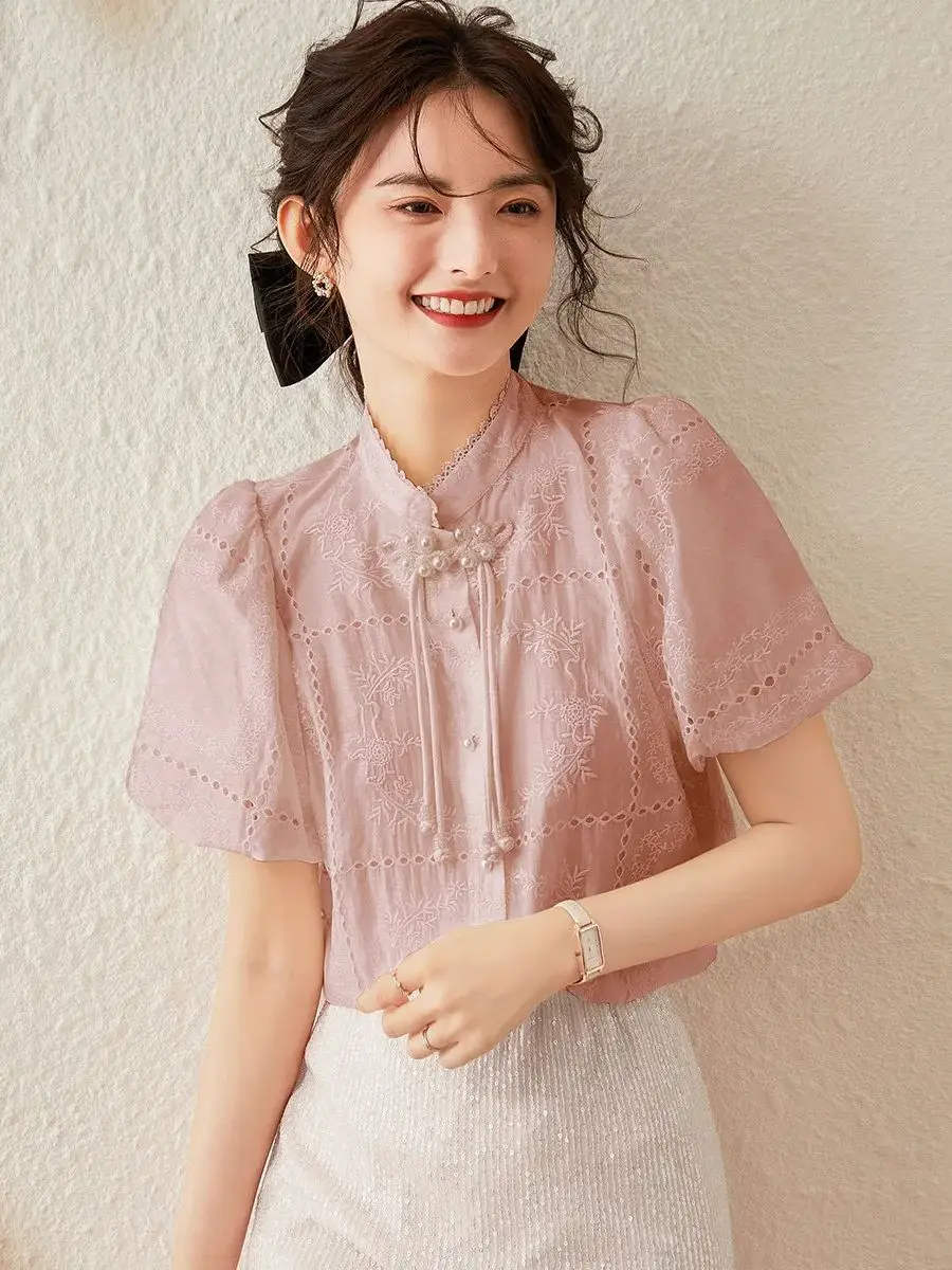 LOUIS YAO Women Shirt Chinese Style 2024 Summer Stand Collar Short Sleeve Lightweight and Thin Blouses Hollowing Out Elegant Top