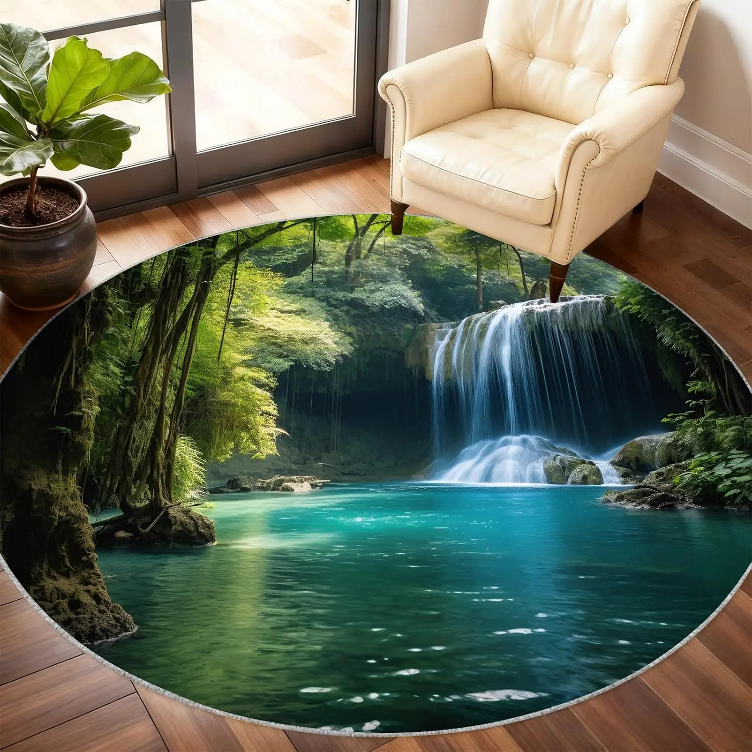 Luxury Round Waterproof Area Rug Mat Polyester Tropical Waterfall Jungle Scene Floor Carpet Mat for Bathroom Kitchen Living Room