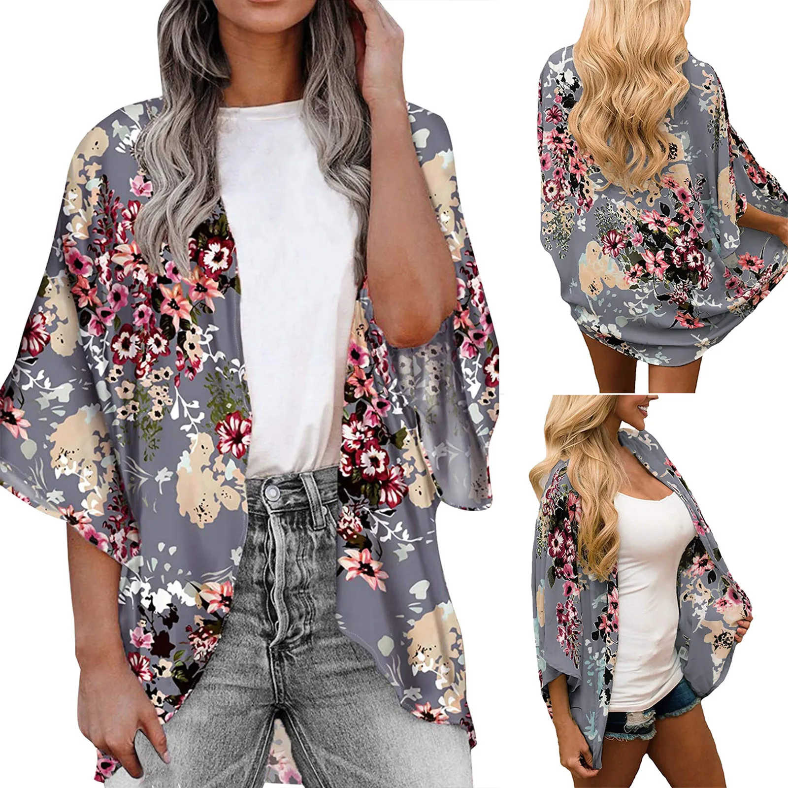 Women\'s Plus Size Floral Print Lightweight Chiffon Kimono Cardigan Short Sleeve Loose Beach Wear Cover Up Blouse Top