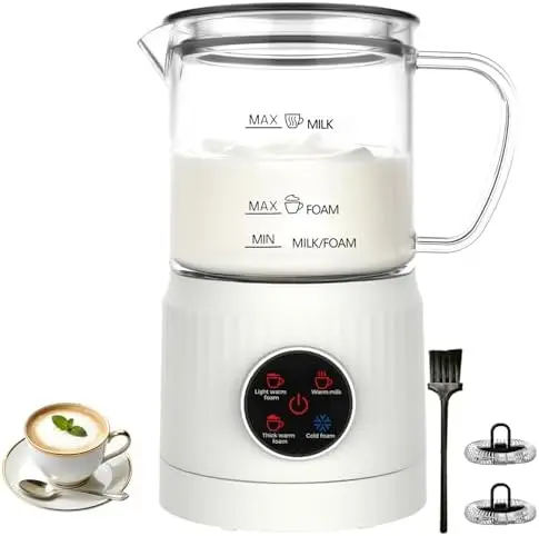 

Молокопеновзбиватель и подогреватель 4-в-1 с LED-дисплеем, керамическим основанием и подогревом на 13,5 унций – идеально подходит для латте, капучино – белый