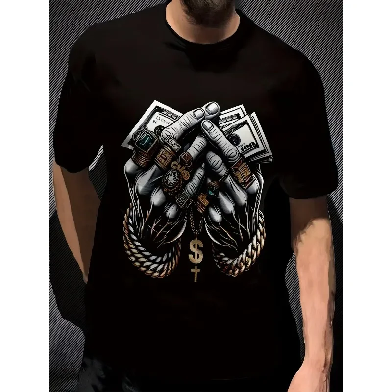 Stylish Dollar Print Tee - Men's 3D Digital Graphic T-Shirt - Crew Neck Slight Stretch Casual Knit Fabric Comfortable Fit