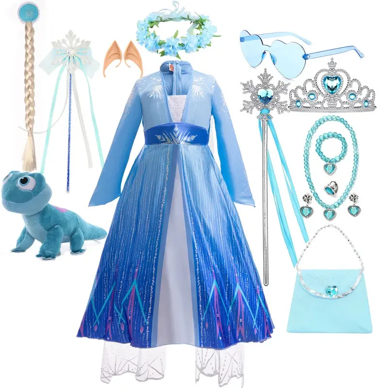 حكاية خرافية الأميرة إلسا نفس النمط فستان فتاة تأثيري ملكة الثلج الأزرق بأكمام طويلة بنطلون ملابس الحفلات رداء غير رسمية ob;8