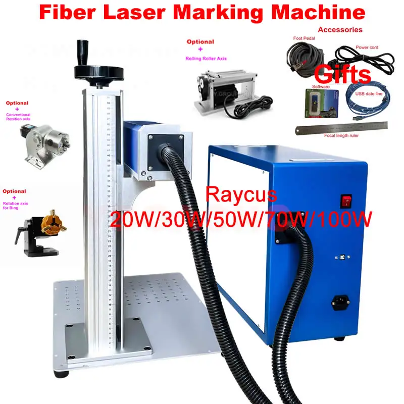 

Raycus 100W Fiber Laser Marking Machine 20W 30W 50W 70W Steel Jewelry Gold Metal Engraving Cutting Engraver with Rotary Axis