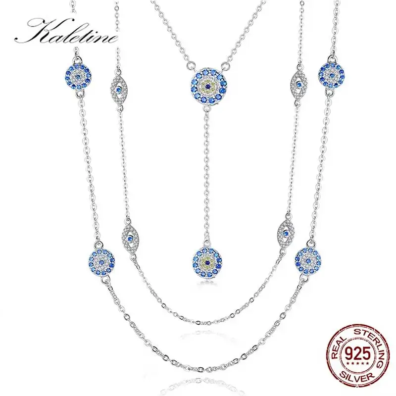 KALETINE 925 Sterling Silver Necklace Earrings Women Round Luck Evil Eye Ring Necklaces Blue Zircon Long Link Turkey Jewelry Set