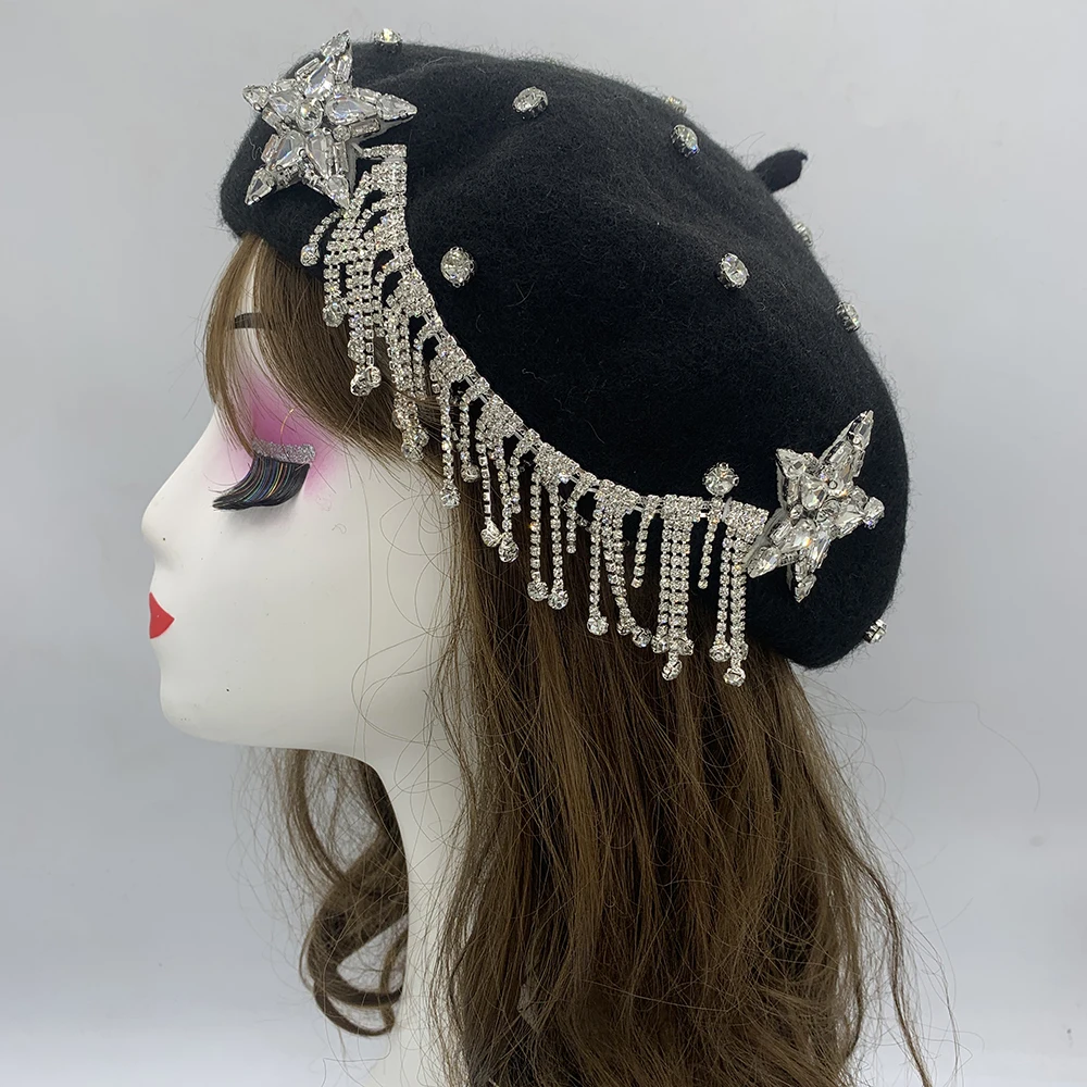 Winter Unique Designer Berets for Women Luxury Rhinestone Bouquet Turban Cap Exaggerated Painter Hat Female Adjustable Wool Hat