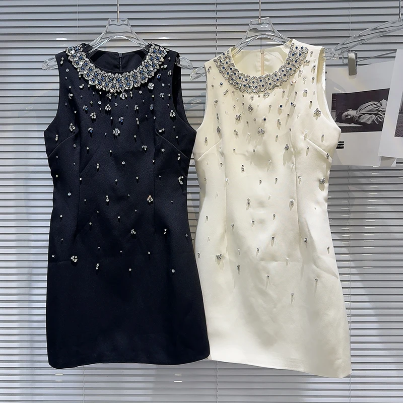 2024 Summer New French Classic Rhinestone Beaded Heavy Industry Elegant Socialite Vest Dress Black White Y2k Vestidos For Women