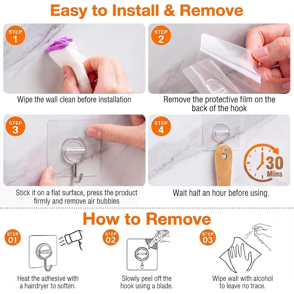 Heavy Duty Adhesive Wall Hooks 33lb Waterproof Rustproof Transparent Self Adhesive Hooks for Bathroom Kitchen Outdoor Home Improvement 24 Pack view 6