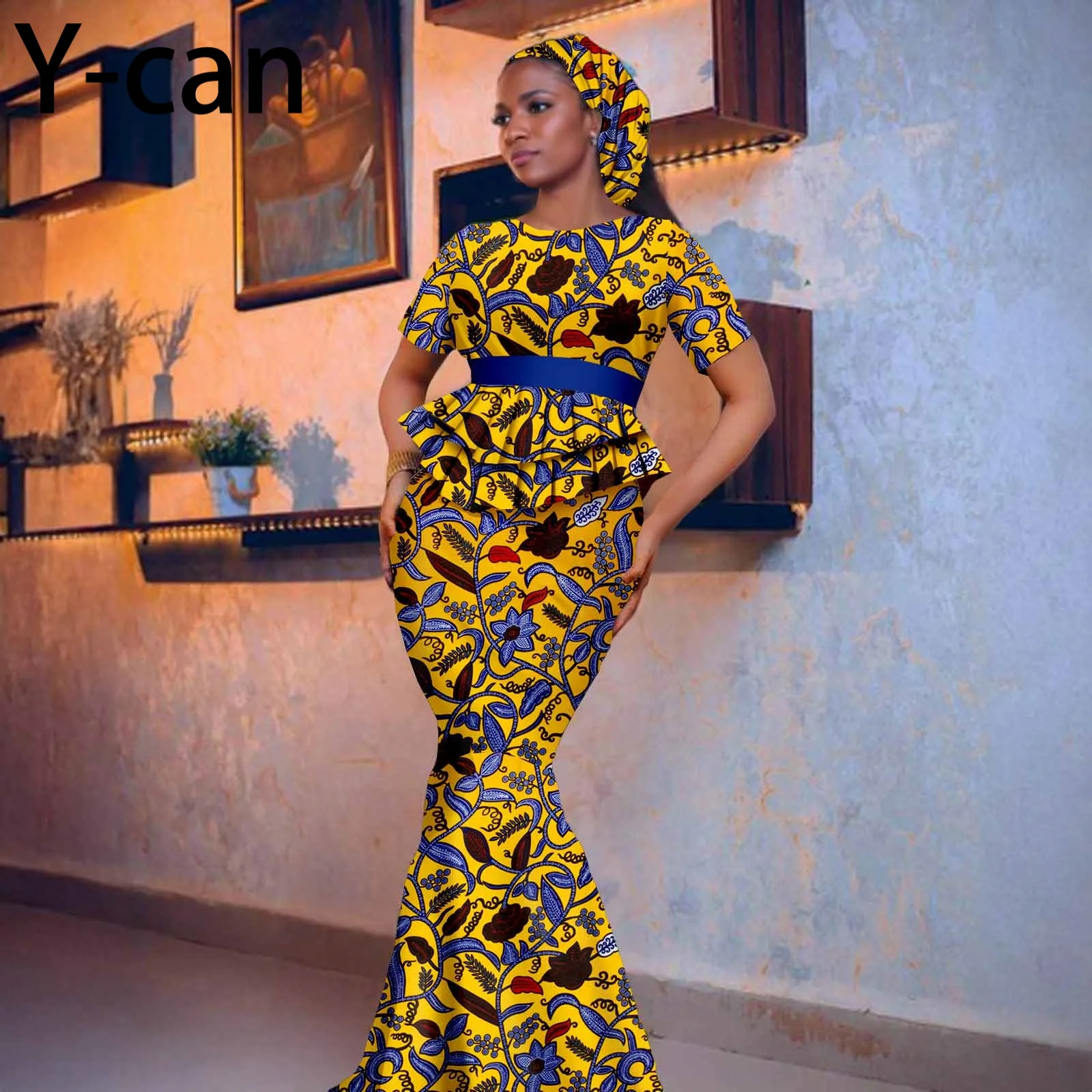 

African Dresses for Woman Luxury Fashion Women Mermaid Maxi Dress with Headscarf African Style Party Wedding 2525040