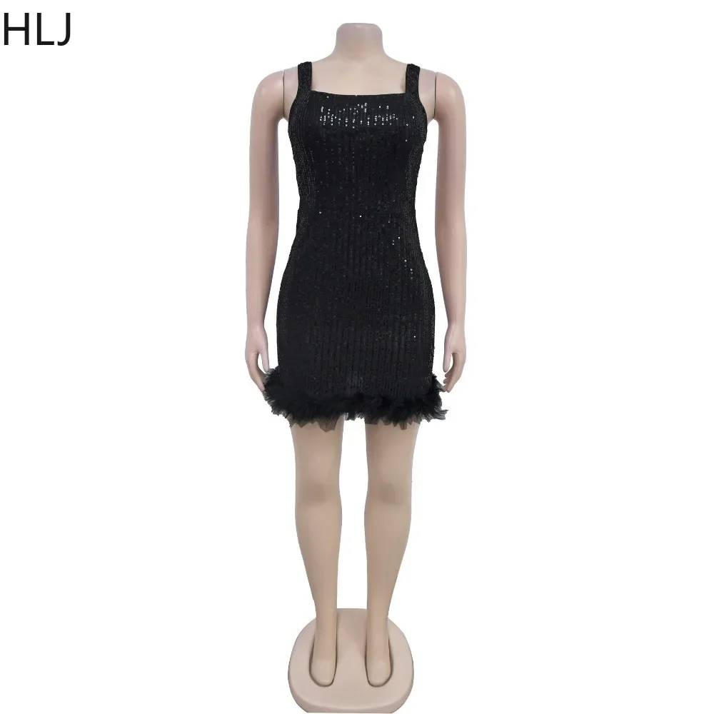 HLJ Fashion Sequin Feather Splicing Spaghetti Strap Mini Dress Women Sleeveless Backless Slim Party Club Vestidos Sexy Clothing