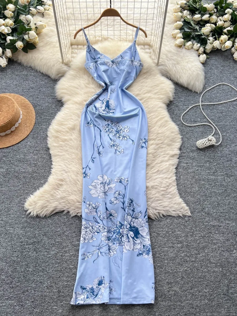 フォームリナ 2025 サマー シンチウエスト スリムフィット フレーティングドレス アメリカンフラワー プリント ボディコン マキシスカート バケーション ロングドレス