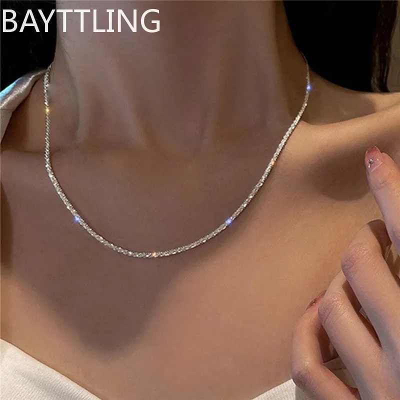 

Authentic S925 Sterling Silver Necklace 2mm Shiny Clavicle, Sweater Chain, High-end Charm Jewelry Gift for Women