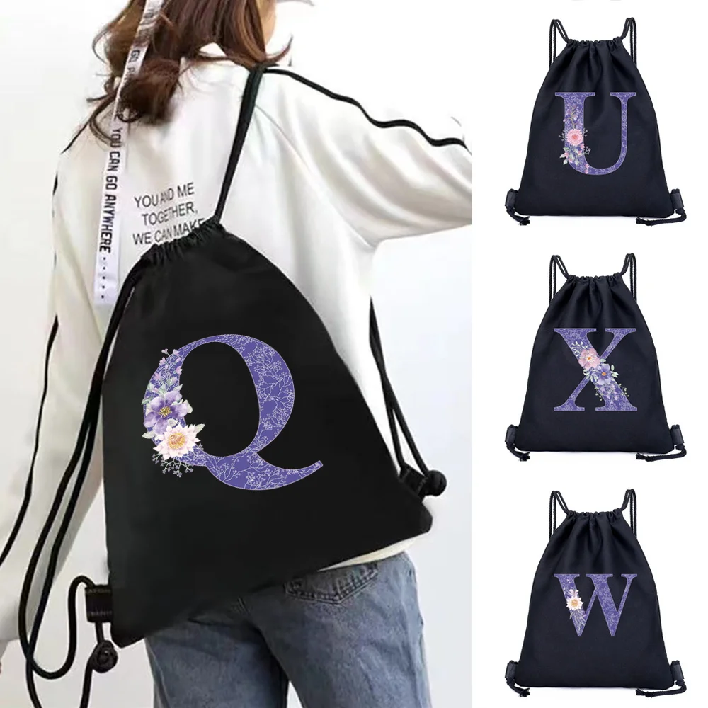 

Backpack Sports Gym Bag Casual Double Shoulder Bag Canvas Drawstring Backpacks Organizer 2024purple FlowerPrint Pattern Series