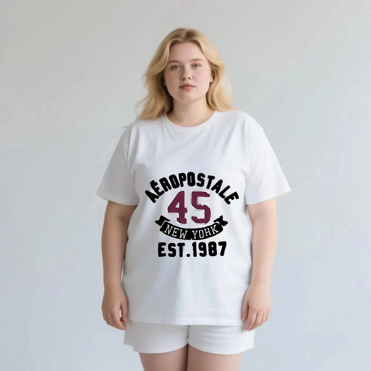 

English+45 digit print plus size Ladies' casual short sleeved T-shirt white