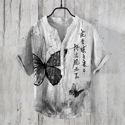 Summer Fashion Retro Men's V-Neck Henley Shirt Men's Chinese style butterfly ink painting shirt Short Sleeve Casual Tops