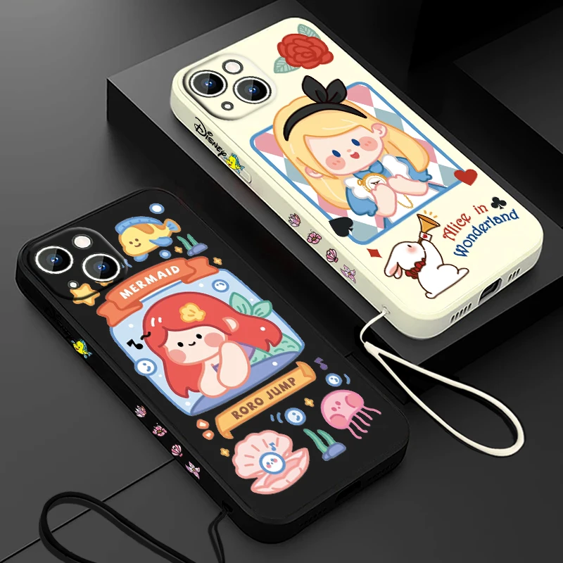 Disney Cartoon Lovely Princess Phone Case For Apple iPhone 15 14 13 12 11 Pro Max Plus 8 7 SE Liquid Left Rope Soft Cover