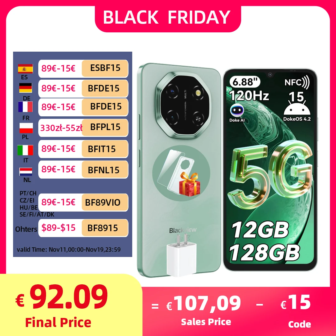 Blackview SHARK 6 AI Smartphone Android 15 Unisoc T8100 5G t�l�phone portable 6.88 ''affichage 120Hz, 8 + 16GB RAM, 128GB + 2TB ROM, 5000mAh