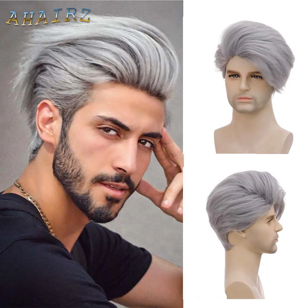 Pelucas de hombre de color gris plateado, peluca sintética corta y recta con flequillo para hombre, Cosplay de Anime, fiesta de Halloween, disfraz